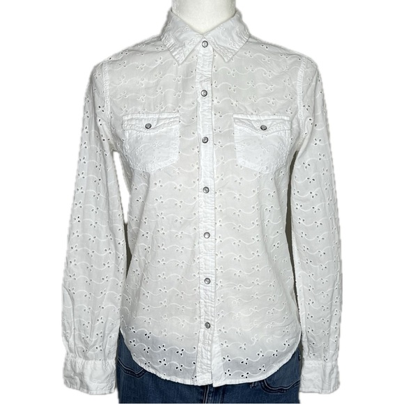 Arizona Jean Co Blouse Eyelet Cotton Long Sleeve Button Up Western White XS - Picture 13 of 14